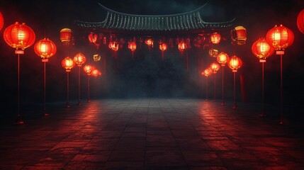 Low Angle View of Glowing Red Lanterns Hanging Over Ancient Chinese Street at Night