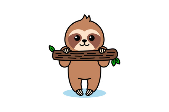 Sloth Hanging on Tree Cartoon Illustration