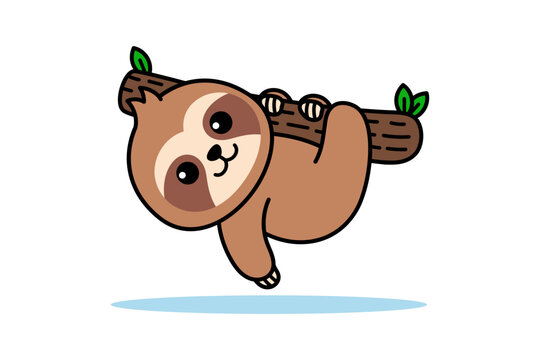 Sloth Hanging on Tree Cartoon Illustration