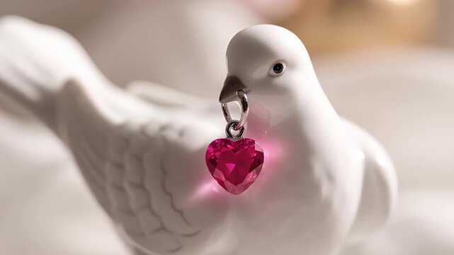 Close-up of an exquisitely detailed white porcelain dove figurine holding a glowing ruby heart. Romantic, dreamlike ambiance