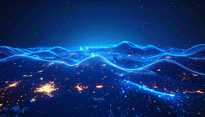 Digital Waveform Overlaying City Lights - A Futuristic Visualization of Data Flow and Connectivity.