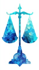 Abstract Justice Scale Silhouette with Blue Mosaic Texture and Golden Accents on White Backdrop