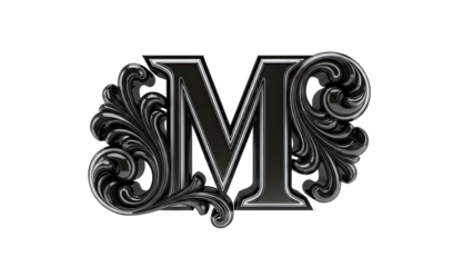 Ornate Letter M Monogram with Black Filigree