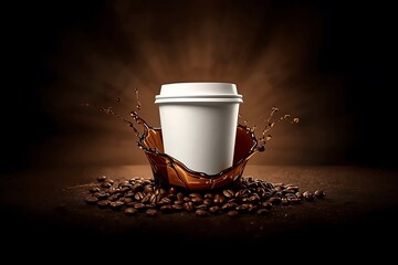 White disposable coffee cup emerging from a dynamic coffee splash surrounded by roasted beans on a dark background. Ideal for coffee branding, beverage advertising, cafe marketing, and product mockups
