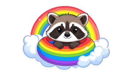 A cartoon raccoon floats in a rainbow inner tube, set against a rainbow and fluffy clouds