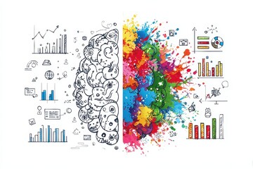 Brain Halved with Analytical Side in Dotted Style and Creative Side in Vibrant Color Splashes on a White Background