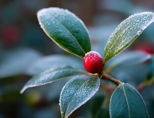 Close Up of Red Berries with Frost on Green Leaves in Winter Shallow Depth of Field with Natural Light in Outdoor Setting