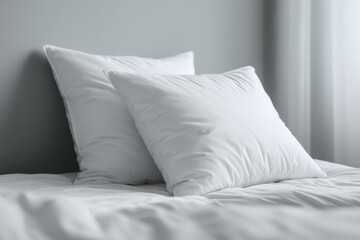 Close Up Shot of Two Fluffy White Pillows on a Bed with Soft White Bedding in a Bedroom Setting