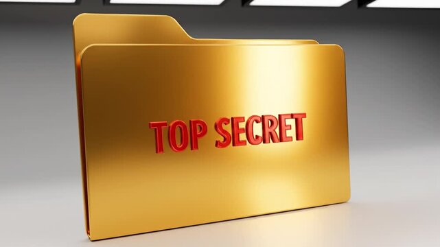 Gold folder top secret file confidential document red text gold file folder with red top secret text reflective surface conveying confidential document concept and dramatic mood gold folder with red