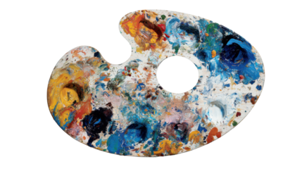 Artist's wood palette mixing vibrant oil paint colors for creative art and expressing colorful artwork