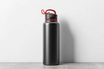 Matte Black Stainless Steel Water Bottle with Red Accents on a Textured Gray Surface Against a White Wall in Studio Lighting