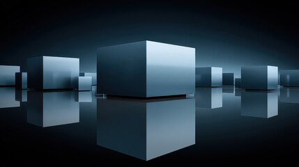 Metallic Cubes on Reflective Surface Abstract Digital Art Composition in Blue Tones