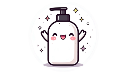 Cute cartoon liquid soap dispenser with arms raised and stars around in a circular frame