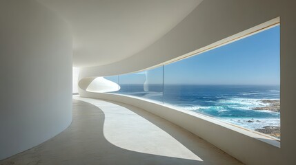 Minimalist White Interior with Ocean View and Curved Design Bathed in Natural Sunlight