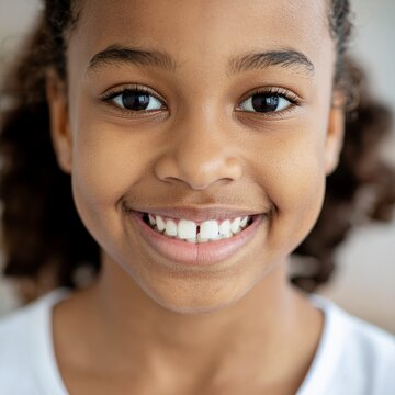Close-Up Portrait of Smiling African American Girl with Gap Teeth and Curly Hair on Neutral Background.