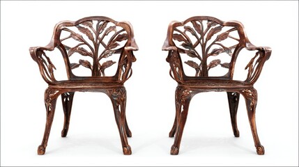 Pair of Ornate Bronze Armchairs with Leaf Pattern on White Background