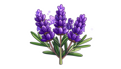 A cartoon illustration of a lavender bouquet with purple flowers and green leaves