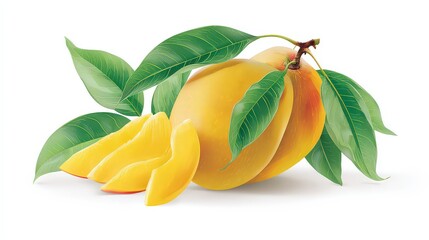 Ripe Peach with Green Leaves and Slices Isolated on White Background