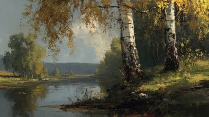 Serene birch tree standing beside a gently flowing river with reflections on calm water, surrounded by lush greenery and soft natural light in a peaceful outdoor landscape