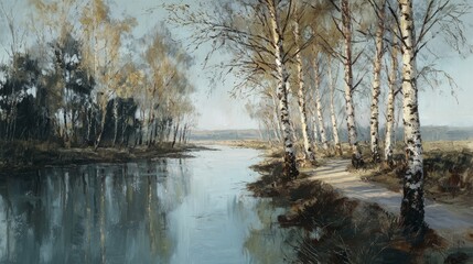 Serene birch tree standing beside a gently flowing river with reflections on calm water, surrounded by lush greenery and soft natural light in a peaceful outdoor landscape