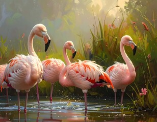 A flock of pink flamingos wading in shallow water among lush green foliage and wildflowers bathed in soft light