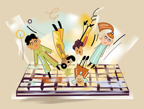 People floating over digital keyboard, teamwork and creativity