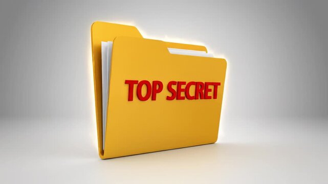 Yellow file folder with red top secret text and visible documents inside conveying confidential information and intrigue, top secret folder with glowing yellow file folder and red lettering neutral