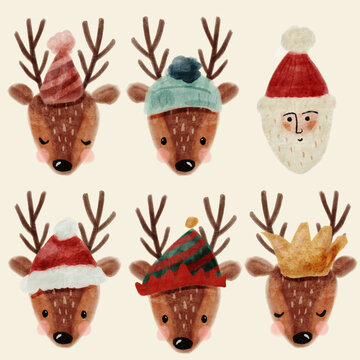 Cute Santa with festive Reindeer wearing winter hats illustration