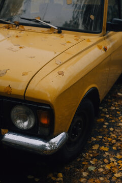 Vintage Yellow Car in Autumn Leaves