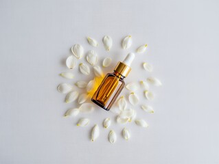 A Dropper Bottle of Amber Liquid, Surrounded by Delicate White Flower Petals, on a Clean White Surface, Evoking Serenity and Natural Beauty