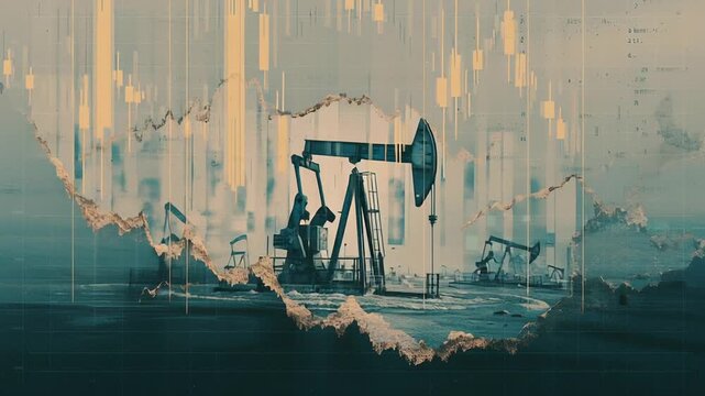 Oil price instability metaphor, fractured chart patterns emerging from oil imagery, subdued colors, cinematic editorial mood, volatility clean layout