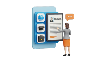 3D Illustration of a Woman Reviewing a Digital Resume with Career Icons