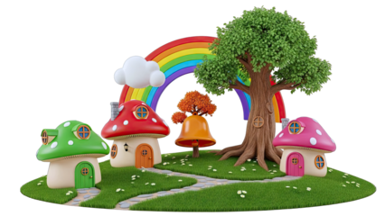 Fairy Tale Mushroom Houses with Rainbow and Tree