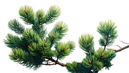 Digital illustration of a lush, vibrant evergreen branch with needles and small cones