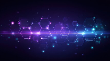Abstract Dark Background with Bright Blue and Purple Hexagonal Pattern and Light Streaks for Technology Concept