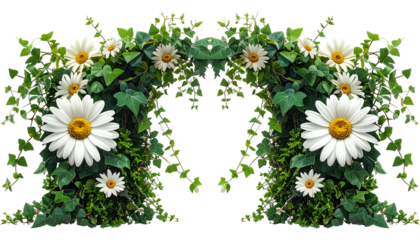 A symmetrical floral arch of daisies and green foliage against a black background