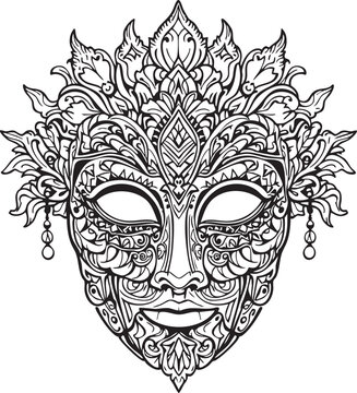 Gothic horror illustration of a vintage Venetian carnival skull mask with a tribal king crown and devilish lion design isolated on a black background for a death themed tattoo art