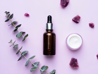 Natural skincare products and elements, including essential oil dropper bottle, moisturizer, and amethyst crystals on a lavender background