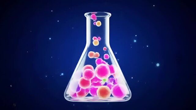 Abstract representation of subatomic particles orbiting a nucleus alongside colorful chemical reactions bubbling inside a laboratory Erlenmeyer flask against a dark background