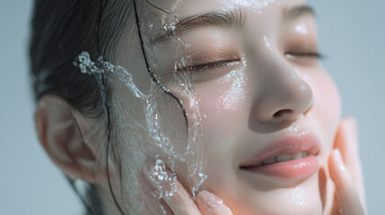 洗顔する美しい女性の美肌と清潔感。美容・コスメ・スキンケア広告用写真
