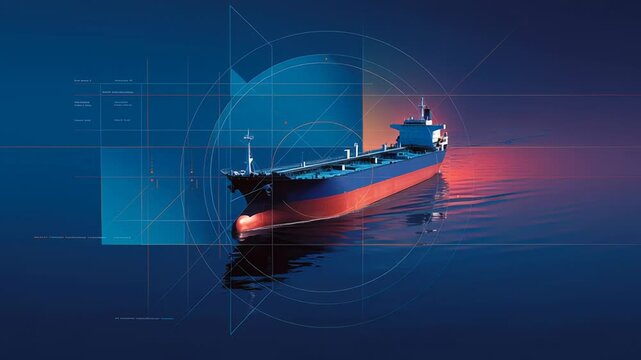 Oil shipping risk management concept, oil tanker framed by abstract security geometry, smooth gradients, clean and serious commercial illustration