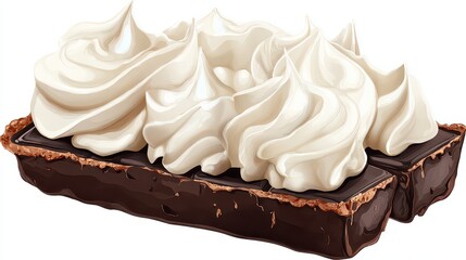 Rectangular Chocolate Brownie Tartlet Topped With White Whipped Cream Generously Placed on Top Displayed Against White Background