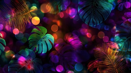 Abstract empty scene with colorful bokeh and glowing neon lights, tropical leaf silhouettes creating a vibrant, atmospheric, and modern background for creative projects