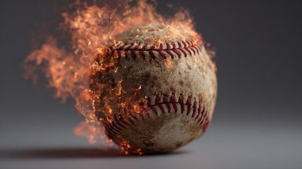 burning baseball surrounded by fire and smoke, dynamic explosive motion symbolizing power, speed, and competition