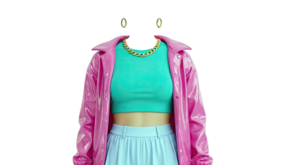 Pink vinyl jacket outfit with turquoise crop top and blue skirt
