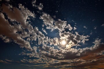 Full Moon Illuminated Clouds Across Starry Night Sky with Orange Horizon