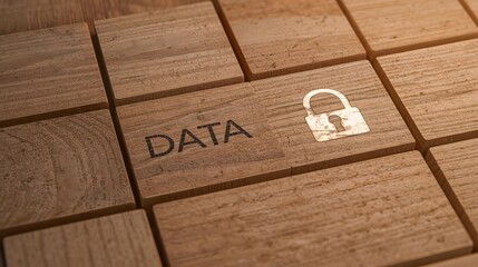Data protection concept with wooden blocks spelling data and padlock security symbol.