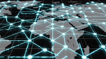 Glowing network map of global nodes and connections across digital globe showing data flow and connectivity, glowing network nodes mark data centers and connection points linking continents with - Powered by Adobe