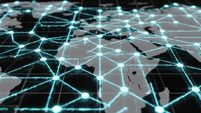 Glowing network map of global nodes and connections across digital globe showing data flow and connectivity, glowing network nodes mark data centers and connection points linking continents with