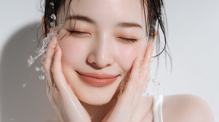 洗顔する美しい笑顔の女性の美肌と清潔感。美容・コスメ・スキンケア広告用写真